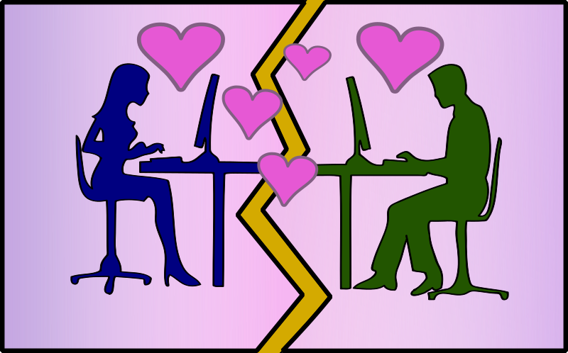 La imagen muestra a una mujer y un hombre delante de sus ordenadores separados por una línea quebrada amarilla y con corazones entre ellos