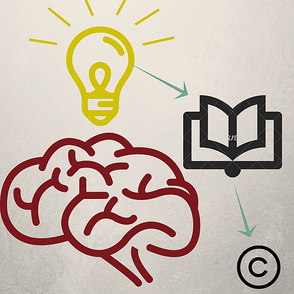 La imagen muestra el dibujo de un cerebro del que sale una bombilla iluminada que deriva en un libro que apunta a un símbolo de copyright