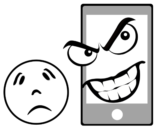 La imagen muestra en blanco y negro un móvil son semblante amenazante sobre un emoji triste que hay al lado
