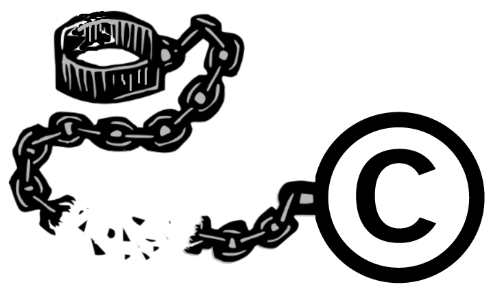 La imagen muestra en blanco y negro una cadena rota unida a una bola de presidiario que simula el símbolo del copyright