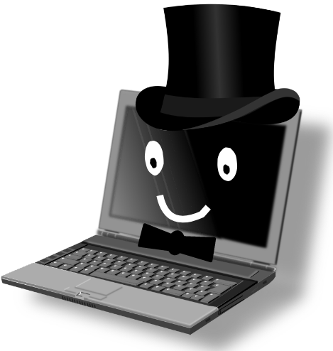 La imagen muestra un ordenador portátil con ojos y boca que lleva pajarita y chistera