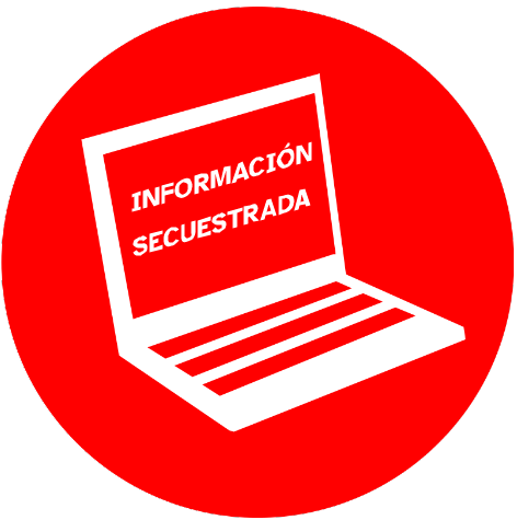 La imagen muestra el icono de un portátil de color rojo con las palabras información secuestrada en la pantalla