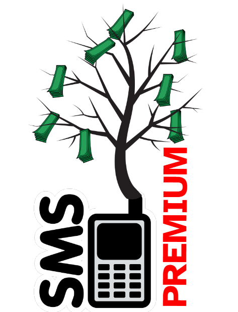 La imagen muestra un móvil que tiene las siglas SMS a la izquierda y la palabra premium en rojo a la derecha y de cuya antena sale un árbol que tiene billetes verdes en las ramas