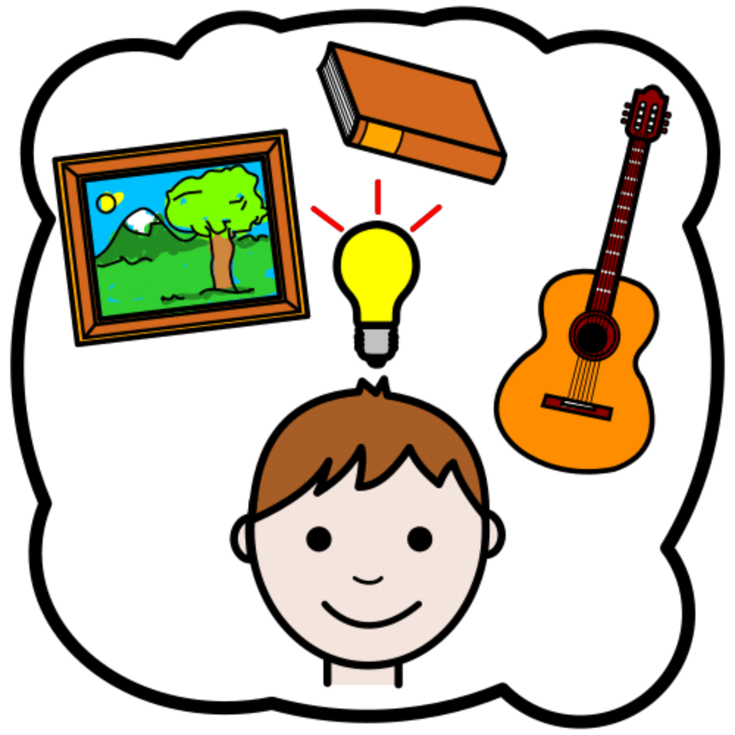 Niño con ideas representadas con dibujos encima de la cabeza.