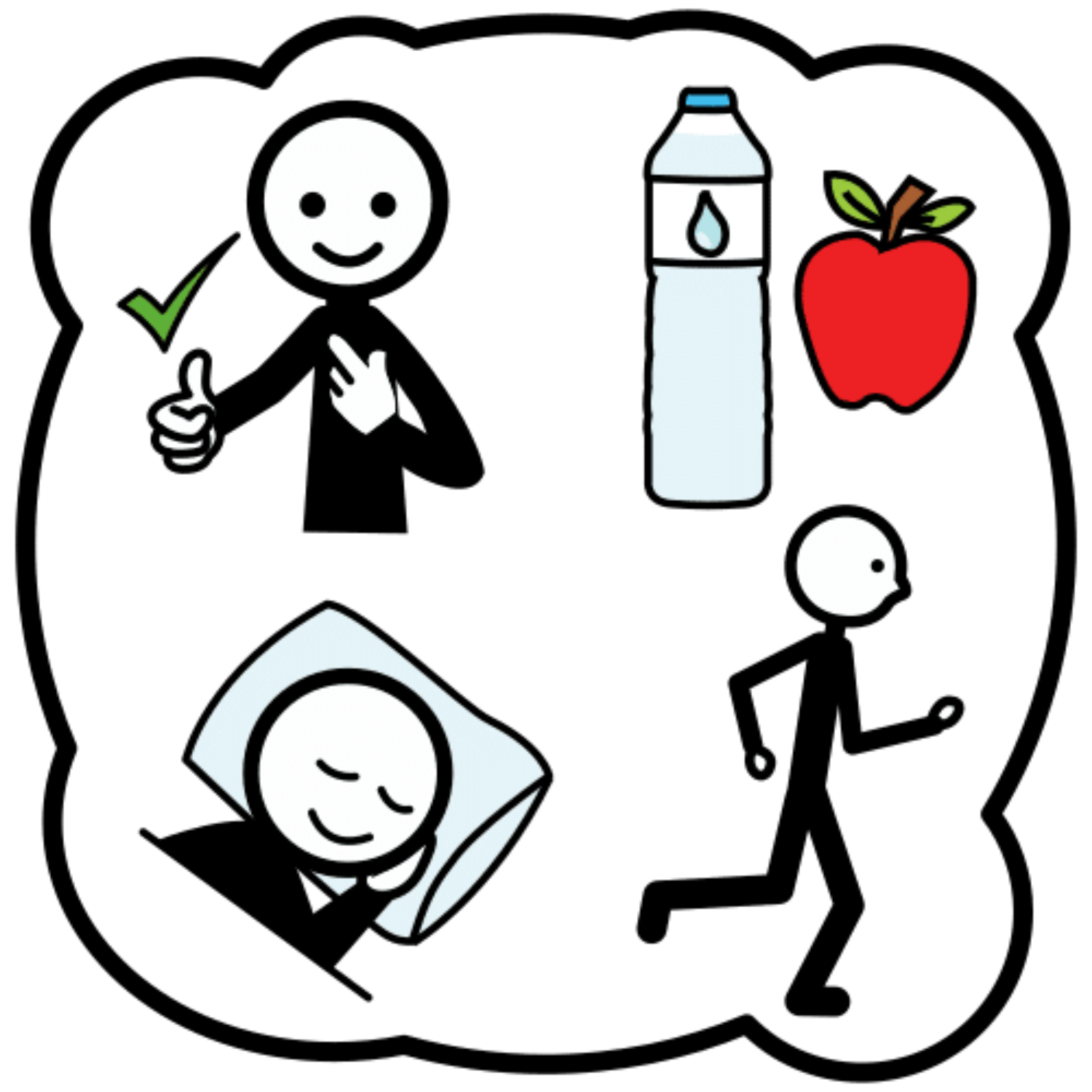 La imagen muestra a una persona durmiendo, corriendo, una botella de leche y una manzana