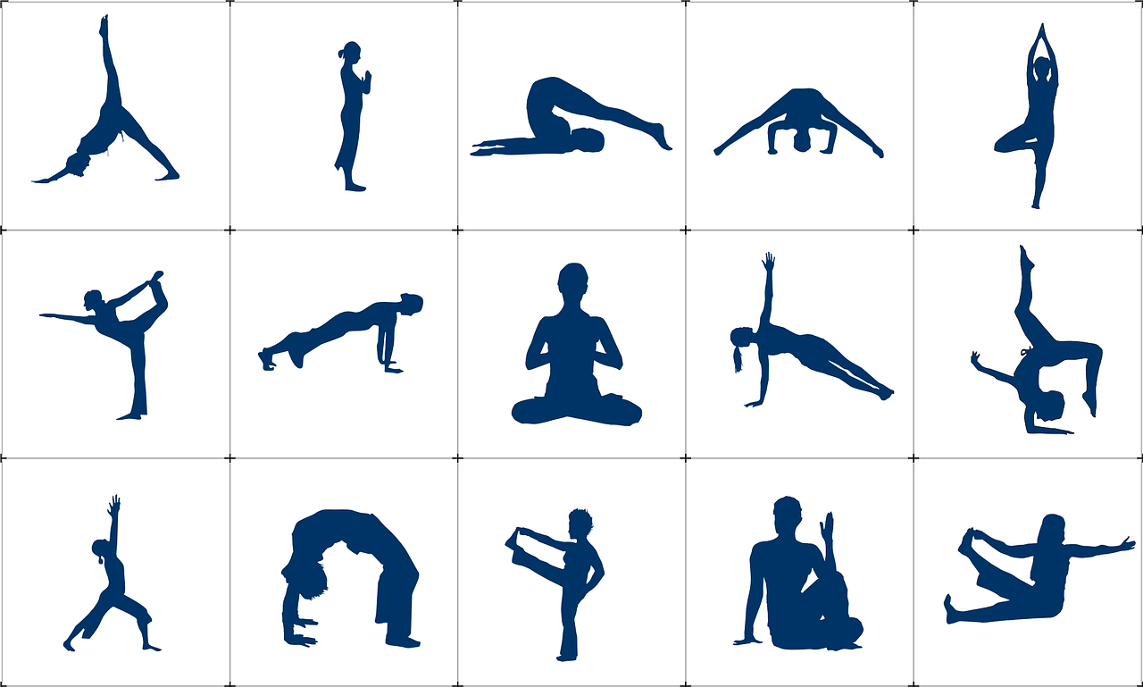 La imagen muestra quince posturas de yoga