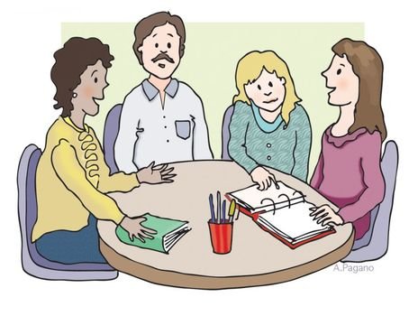 Dibujo en el que cuatro personas están en una mesa organizando un trabajo o proyecto. 
