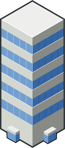 Edificio de varias plantas de color gris y azul claro. 