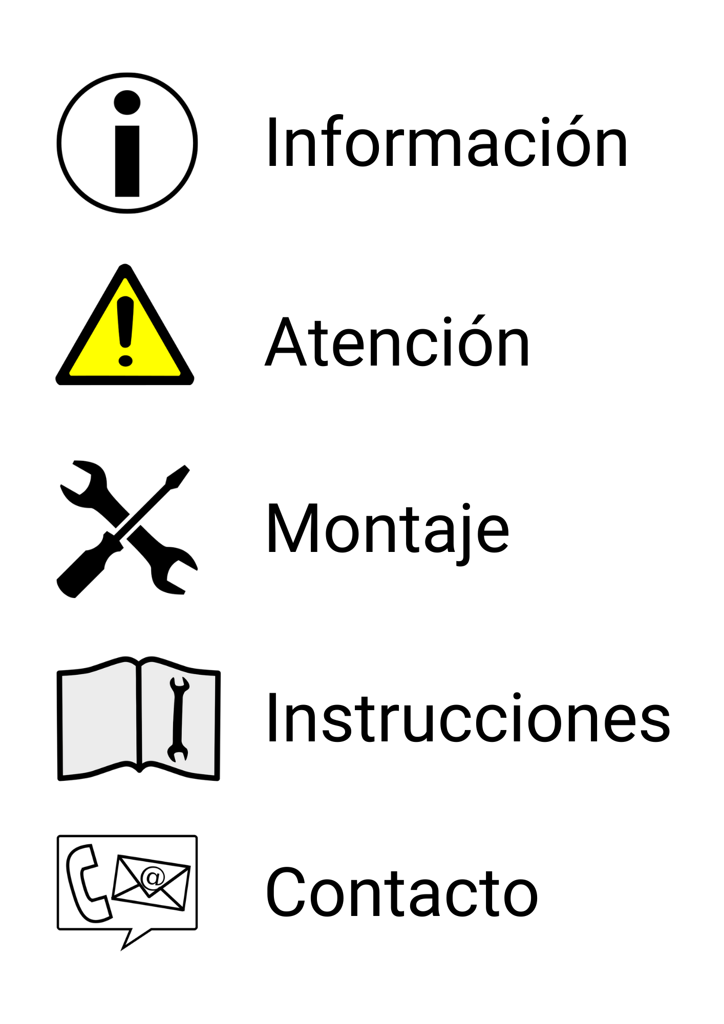Símbolos información, atención,  instrucciones, montaje