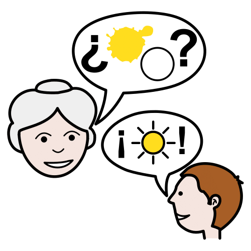 Dos personas, una señora de pelo blanco y un joven, con dos bocadillos de pensamiento sobre las cabezas, con símbolos de color amarillo y signos de exclamación e interrogación.