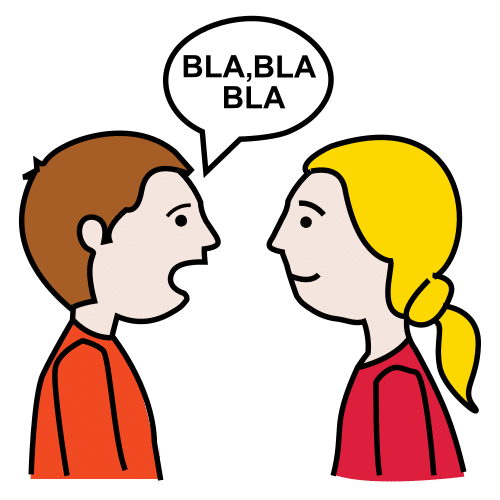 Dos personas hablando un hombre y una mujer, con un bocadillo arriba  donde pone, bla, bla, bla.