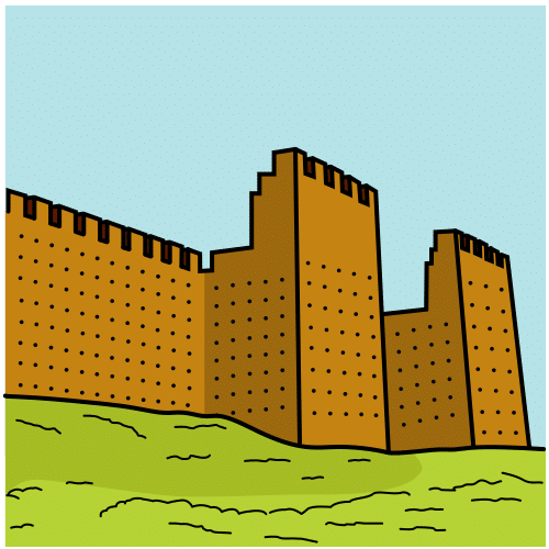 Imagen de una pared de piedra marrón alta, terminada en pequeñas torres.