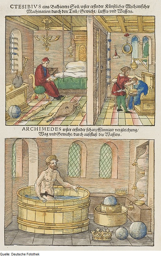 El grabado medieval muestra a Arquímedes con tres de sus inventos