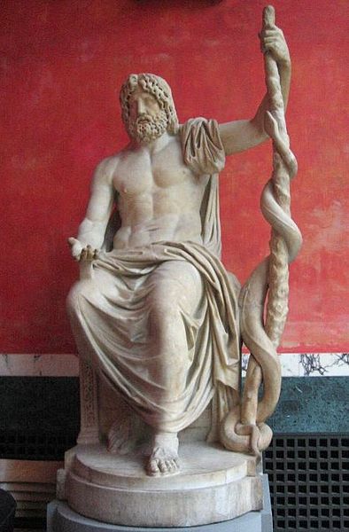 Asclepio sentado con la vara y la serpiente