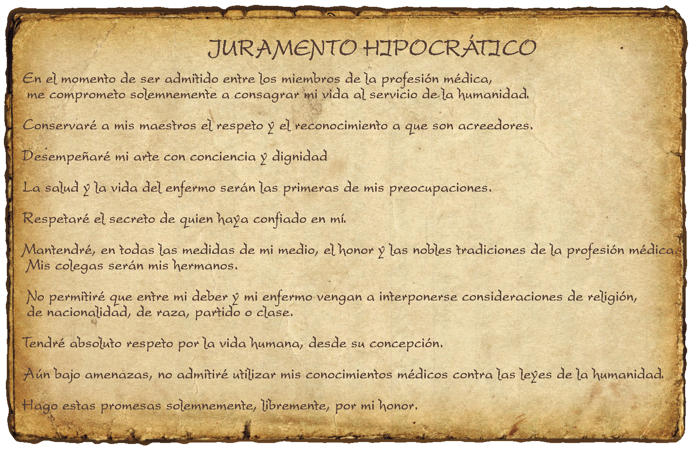 Papiro con el texto en castellano del juramento hipocrático