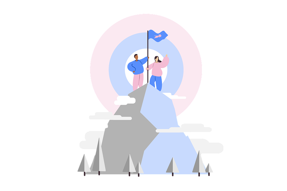 La imagen muestra un dibujo de dos personas en la cima de una montaña mientras sujetan una bandera.