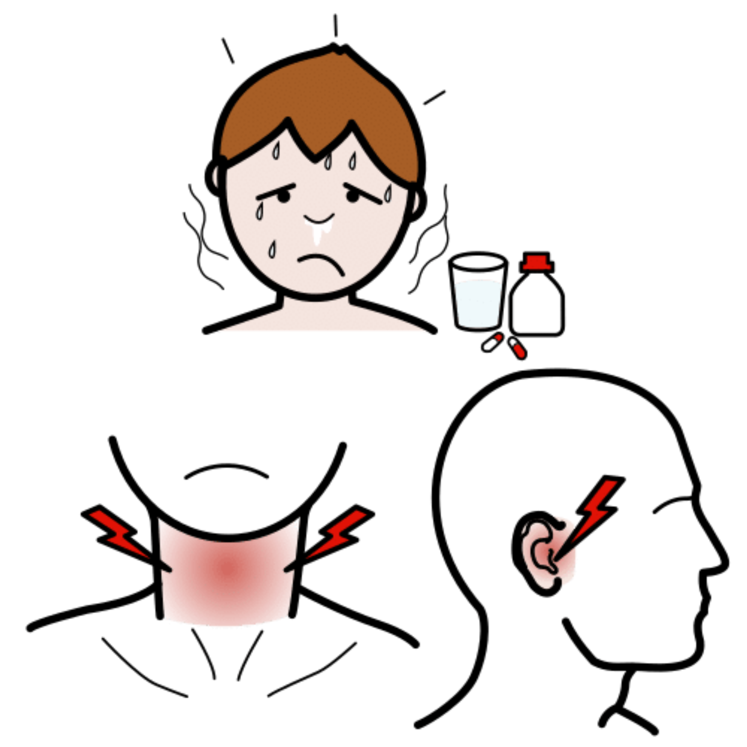 La imagen muestra el dibujo de un niño sudando, junto un vaso de agua con algunas pastillas. También muestra una garganta junto con varios símbolos de dolor.