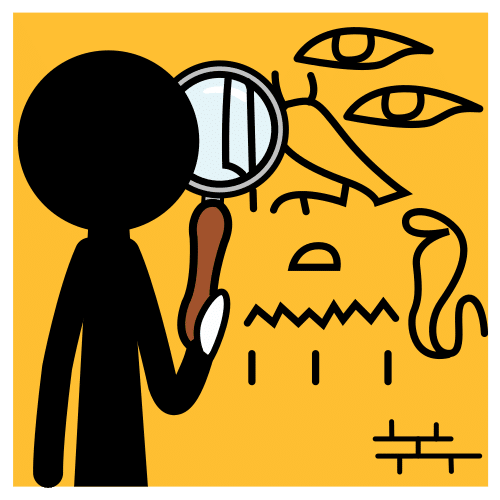 La imagen muestra una ilustración de una persona examinando con una lupa diversos signos y elementos de otras civilizaciones.