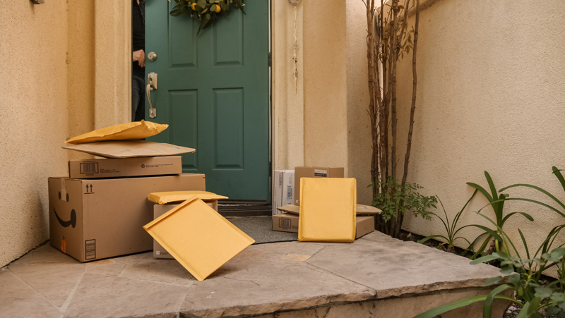 La imagen muestra varios paquetes dispuestos en el suelo, junto a la puerta de entrada de una casa.