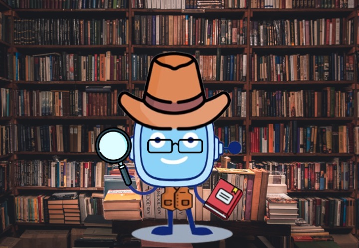 La imagen muestra al personaje Rétor disfrazado de historiador con un sombrero, chaleco y un libro en una mano y una lupa en la otra mano.