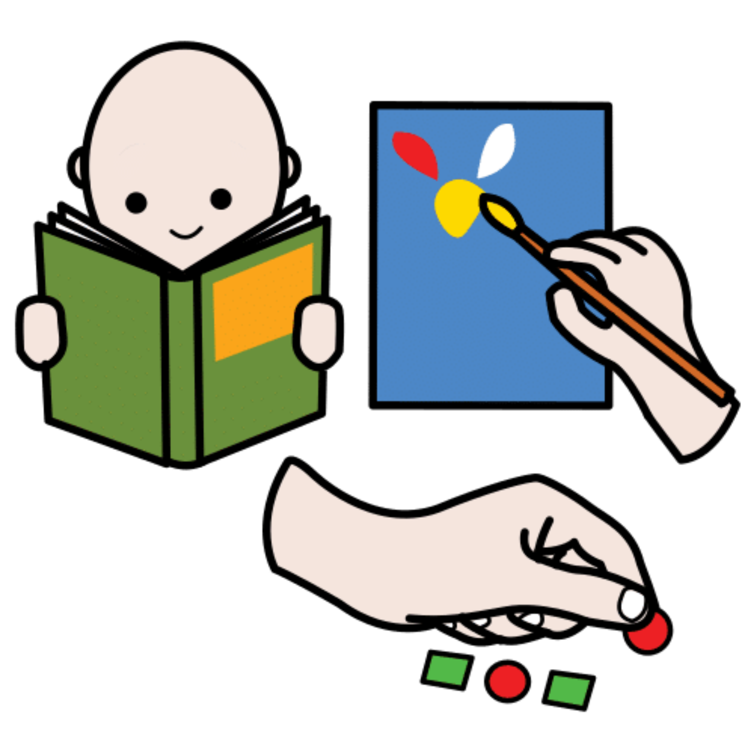 La imagen muestra a un niño leyendo un libro, una mano pintando un cuadro y otra mano irdenando unas fichas de color verde y rojo. 