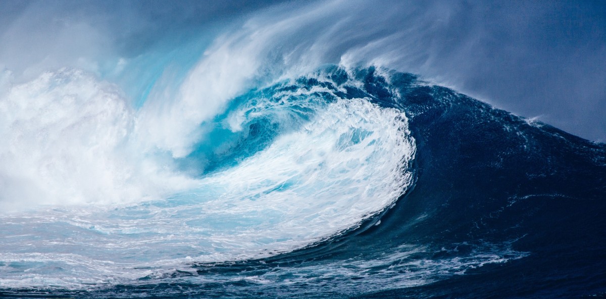 La imagen muestra una gran ola en el mar.