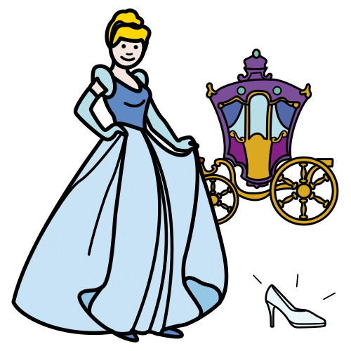 Princesa con vestido blanco y azul, al lado de un zapato de cristal y una carroza. 