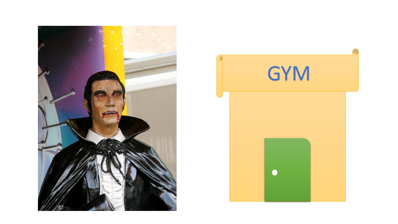 Imagen de un vampiro junto a la puerta de un gimnasio