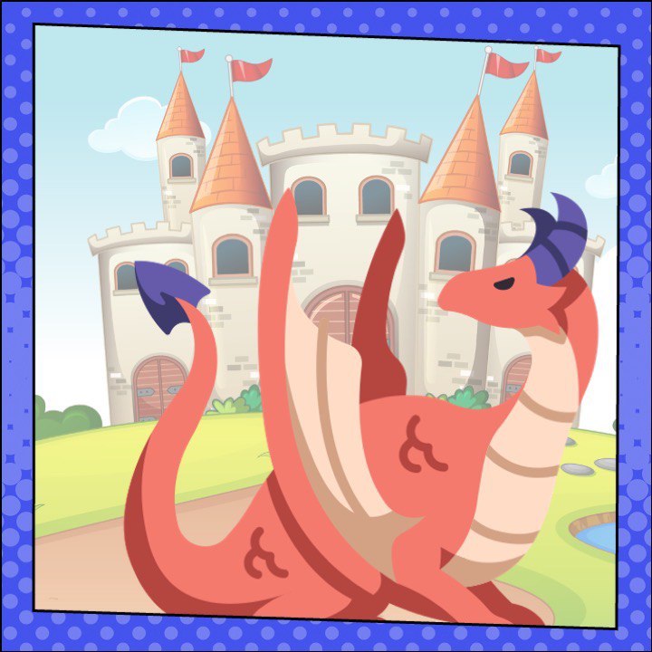 Viñeta de fantasía que incluye un castillo y un dragón.