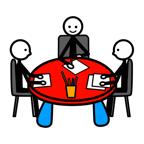 Pictograma de tres personas sentadas en una mesa trabajando en grupo.