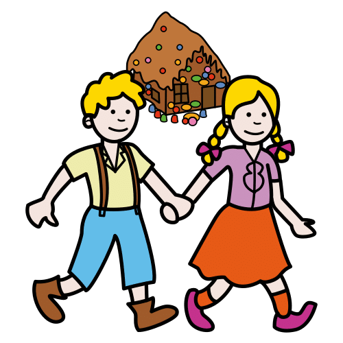 Un niño y una niña rubios agarrados de la mano y una casa de chocolate detrás de ellos. 