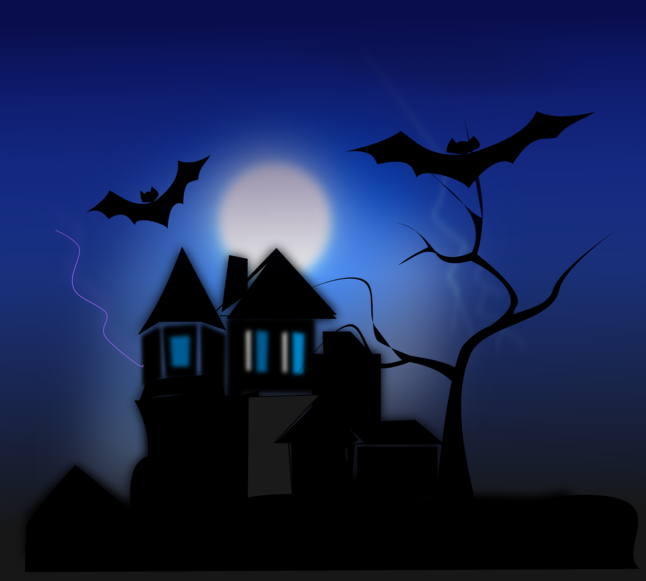 Imagen de una casa encantada con murciélagos