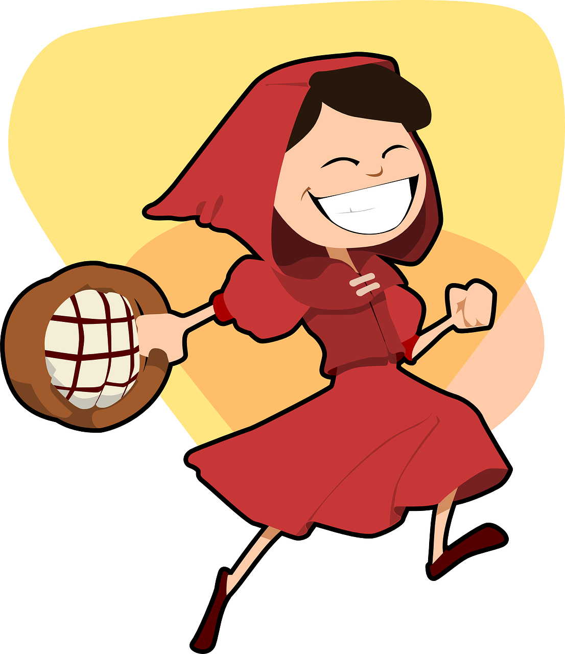 Niña vestida con un vestido y capucha roja sosteniendo una cesta en la mano.