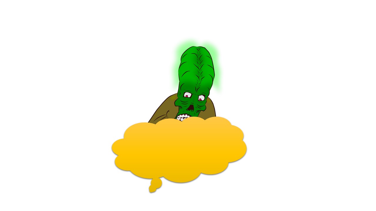 Monstruo verde con una cabeza verde y alargada escondido.
