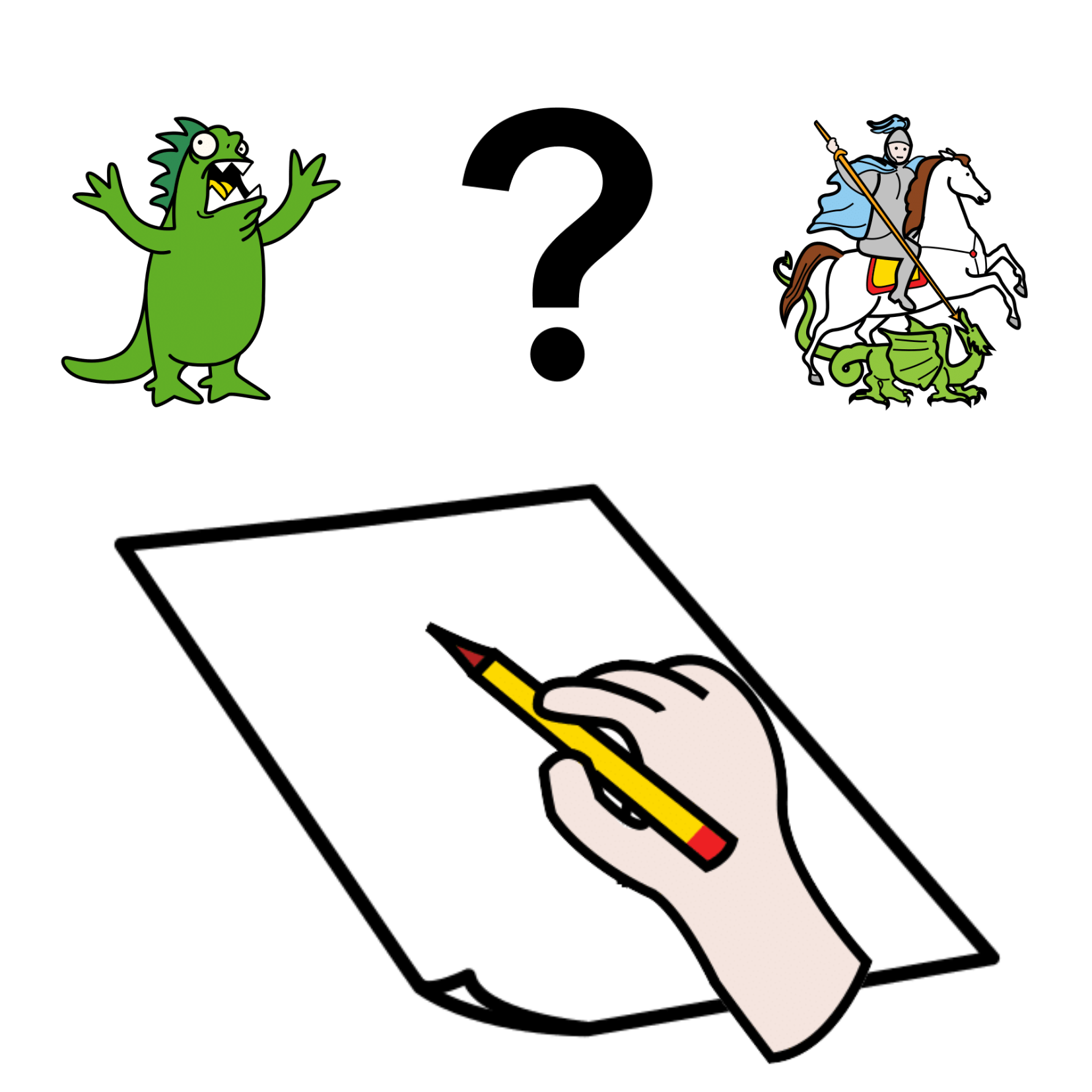 Pictograma de papel en blanco y una mano sujetando un lápiz, encima hay un signo de interrogación y dos opciones: un monstruo y un caballero luchando con un dragón.