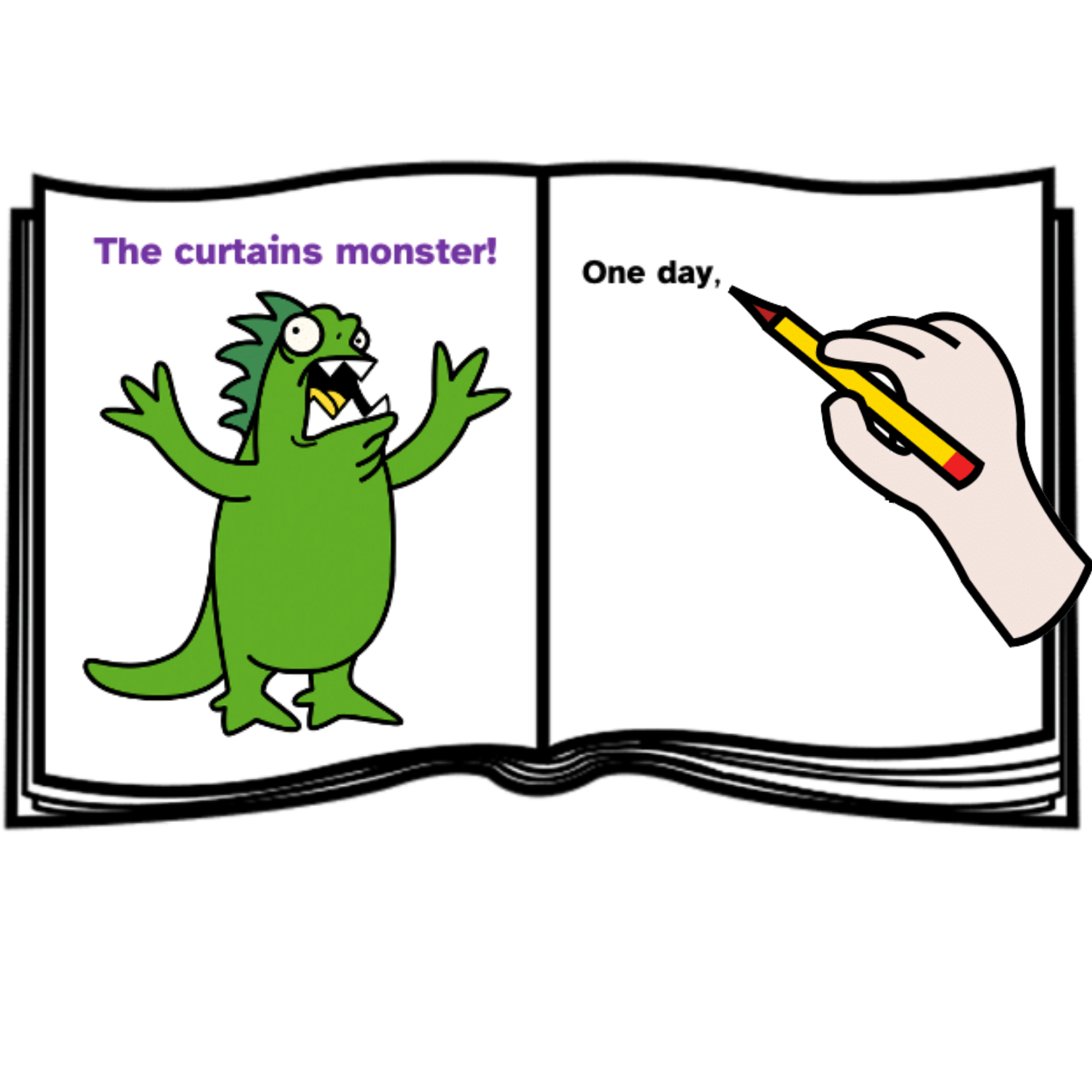  Pictograma de una libreta abierta donde aparece el título y dibujo de un monstruo en un lado y en el otro una mano con un lápiz y escribiendo.