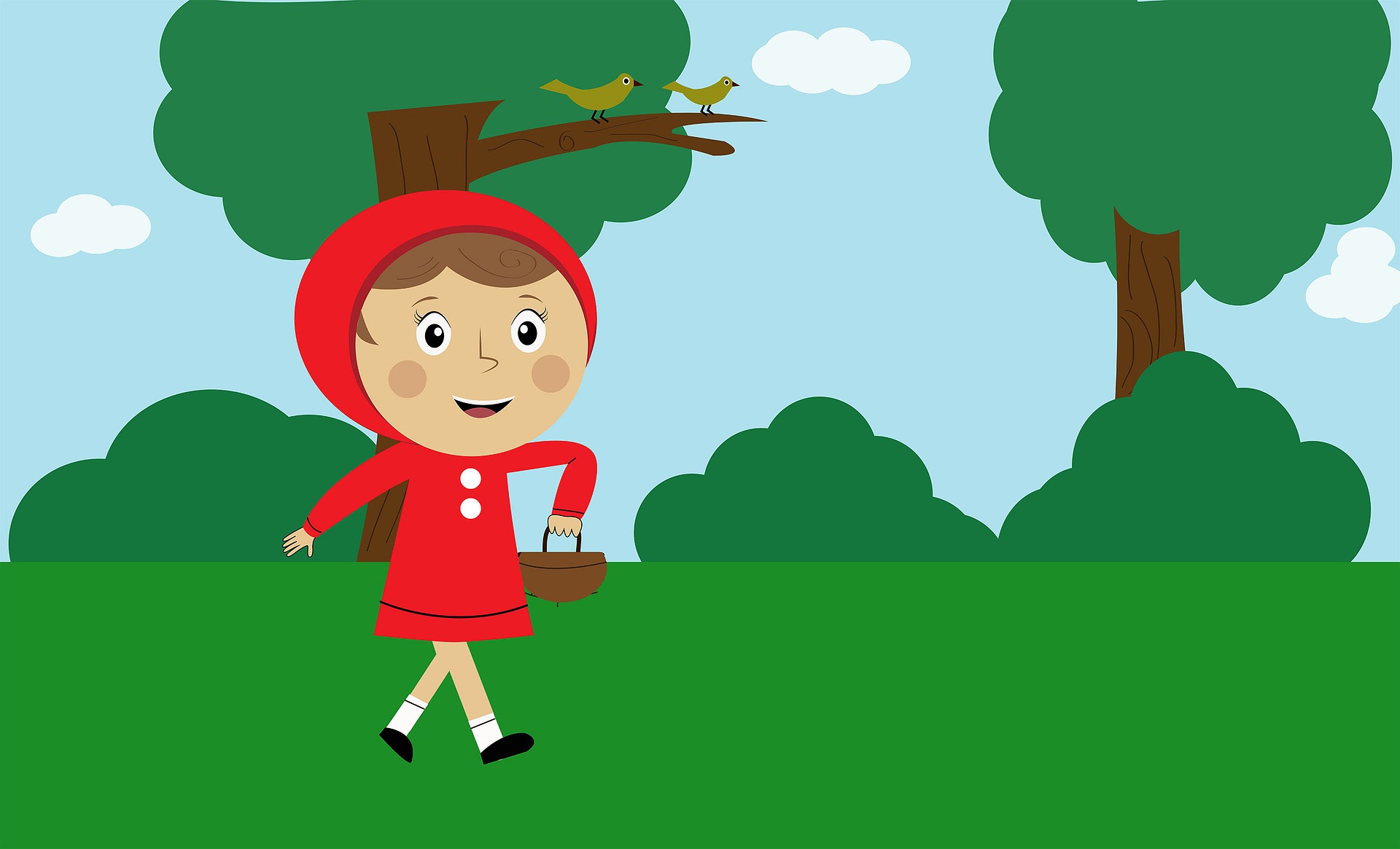 Imagen de caperucita roja con una cesta andando por el bosque.