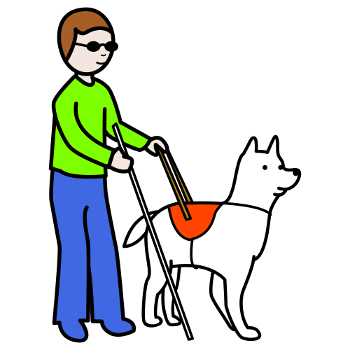 La imagen muestra una persona con discapacidad visual guiada por un perro guía.
