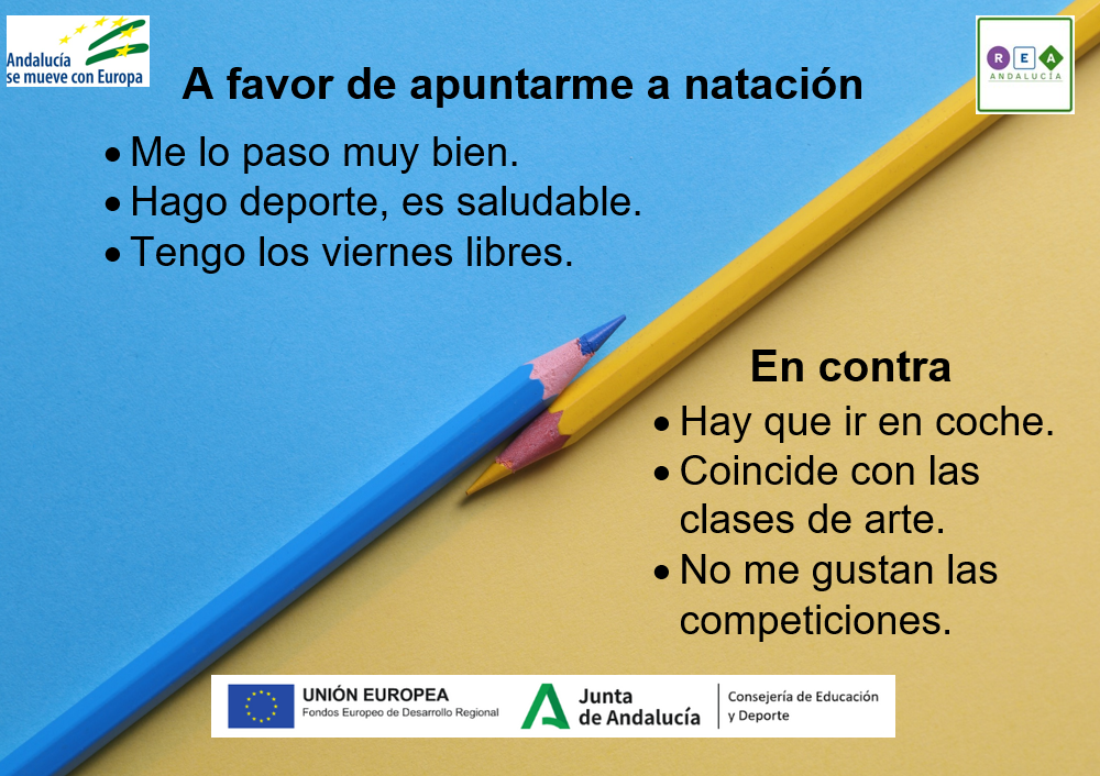 Se muestran, en dos partes diferenciadas por colores, argumentos escritos a favor y en contra de inscribirse a clases de natación.
