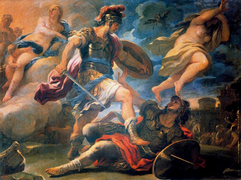 Eneas vence a Turno ante la atenta mirada de su madre Venus y otras divinidades