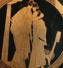 El amante (erastés) abraza al joven enamorado (erómeno)
