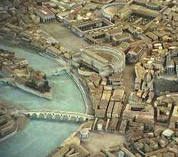 Representación de la antigua ciudad de Roma, donde se aprecian el Teatro de Marcelo y el Teatro de Baldo.