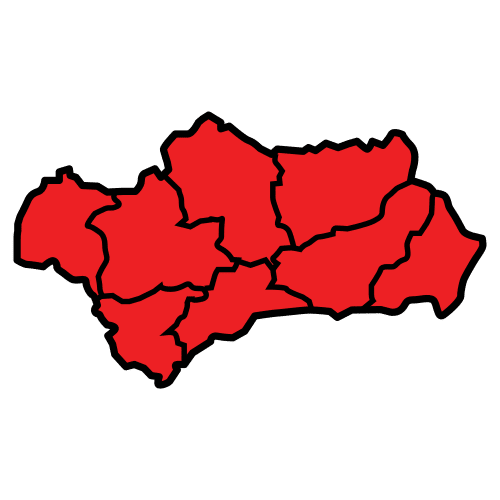 la imagen muestra la Comunidad Autónoma de Andalucía de color rojo separada por provincias