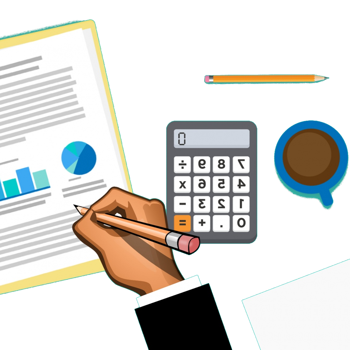 ilustración que muestra una mesa de trabajo en la que se puede ver: un informe, una calculadora, hojas de papel, un lápiz y la mano de una persona que está trabajando