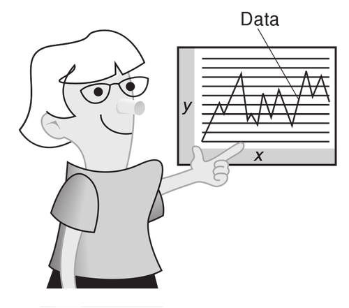 imagen con dibujo de una mujer señalando con el dedo índice una gráfica con datos