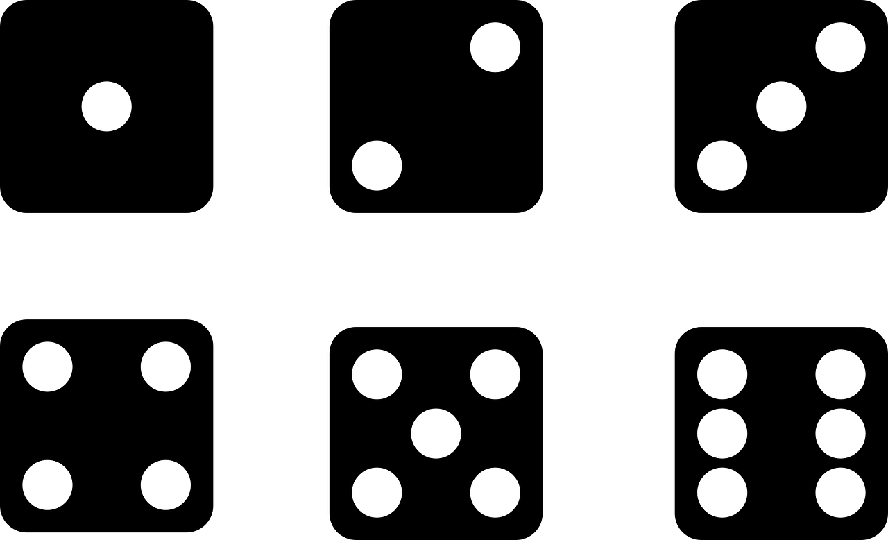 la imagen muestra las seis caras de un dado con fondo negro y los puntos de color blanco. Por orden, arriba están las de uno, dos y tres; y abajo las del cuatro, cinco y seis