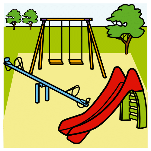 La imagen muestra un parque con árboles, un columpio, un balancín y un tobogán.