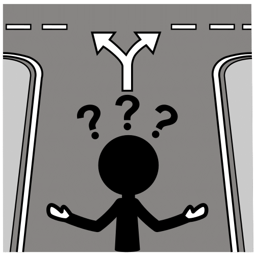 La imagen muestra una persona en un cruce de caminos con tres signos de interrogación sobre su cabeza.