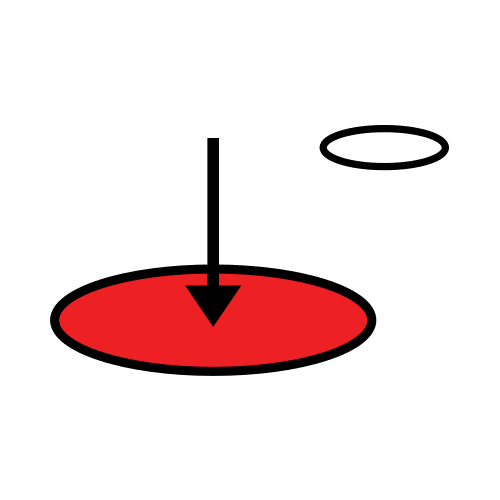 La imagen muestra dos círculos en el suelo. Uno de ellos está coloreado de rojo y tiene encima una flecha negra que lo señala.
