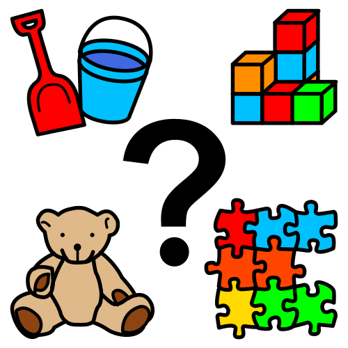 La imagen muestra una muestra de juegos con una gran interrogación en el centro: cubo y pala, construcciones, un peluche y un puzzle.